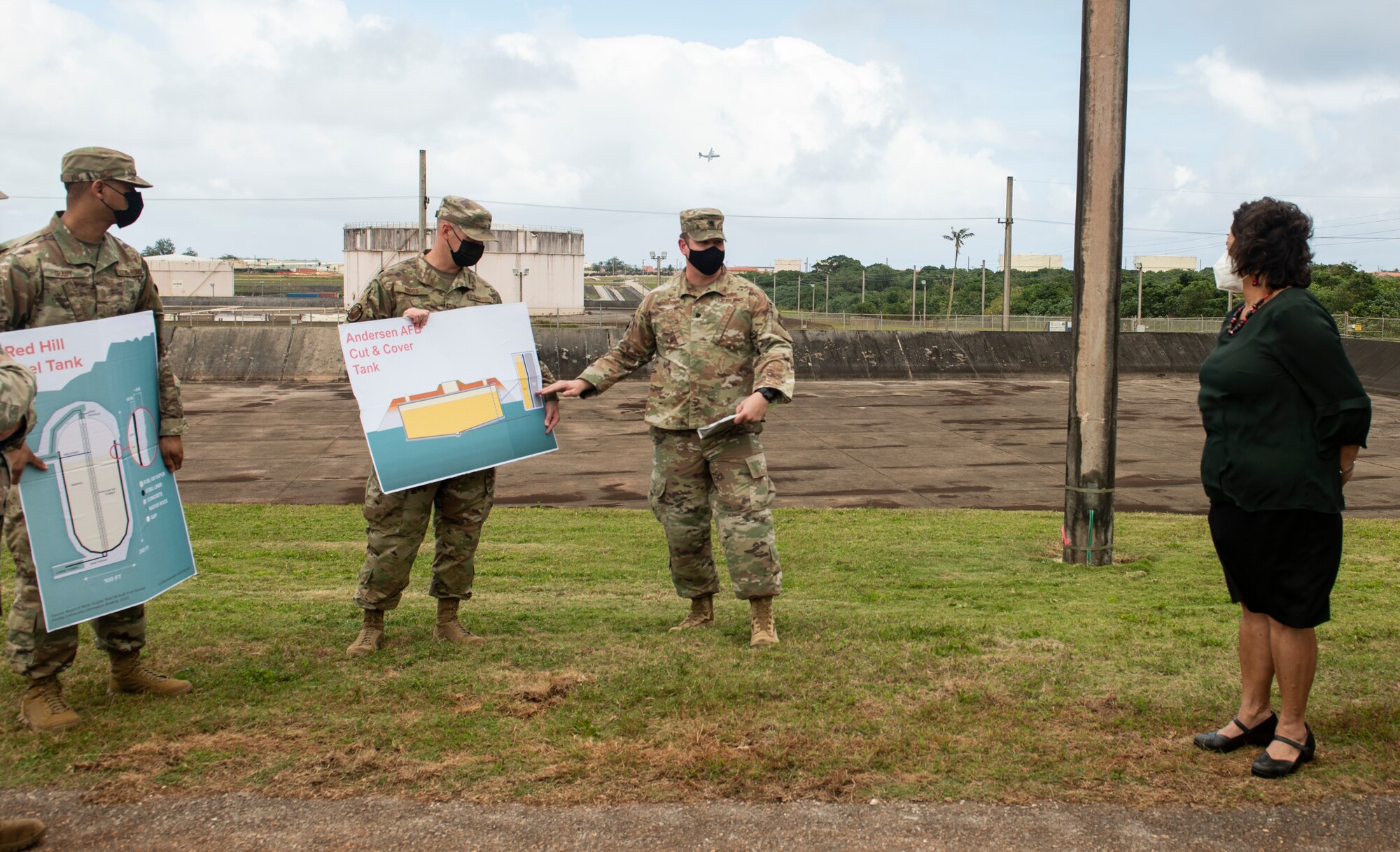 U.S. Air Force Lt. Col Steven Anderson, commander of the 36th Logistics Readiness Squadron, Andersen Air Force Base, Guam, delivers a briefing to the Governor of Guam, Lou Leon Guerrero during a fuel farm visit February 8, 2022, at Andersen AFB. The visit highlighted the 36th Wing’s Spill Prevention, Control, and Countermeasure Plans that are currently in place in the event of an internal or external fuel spill on base. Additionally, visitors were shown several recently refurbished bulk storage tanks that demonstrate the significant progress made to re-emphasize the 36th Wing’s commitment to safe fuel operations as well as to recapitalize fuel infrastructure for many years to come.