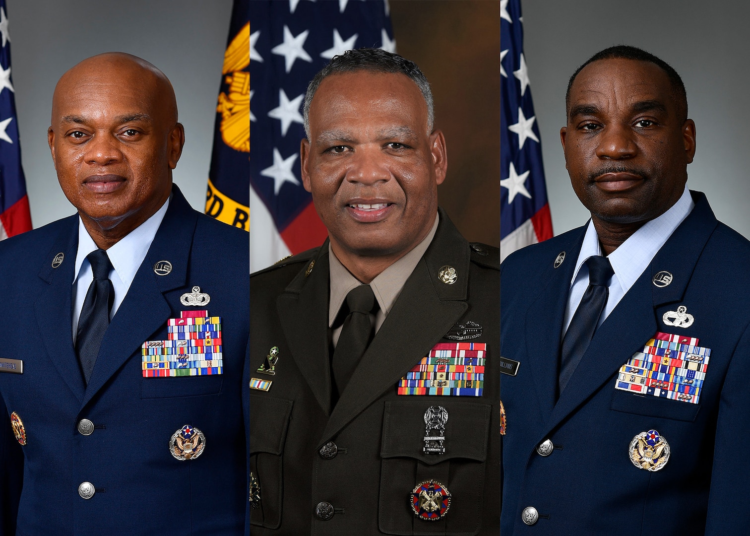 Graphic of the three senior enlisted leaders of the National Guard, from left, Senior Enlisted Advisor to the Chief of the National Guard Bureau Tony Whitehead, Command Sgt. Major of the Army National Guard John Sampa, and Command Chief Master Sgt. of the Air National Guard Maurice Williams.