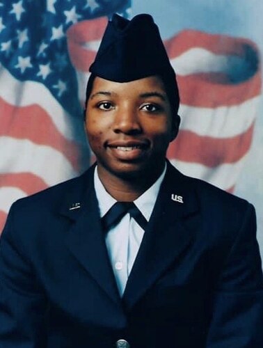 Airman Basic Sharma Haynes smiles for her first official Air Force photo in June 2003. Eighteen years later, Haynes is senior enlisted leader of the Air Force’s largest comptroller squadron at Wright-Patterson AFB. (Contributed photo)