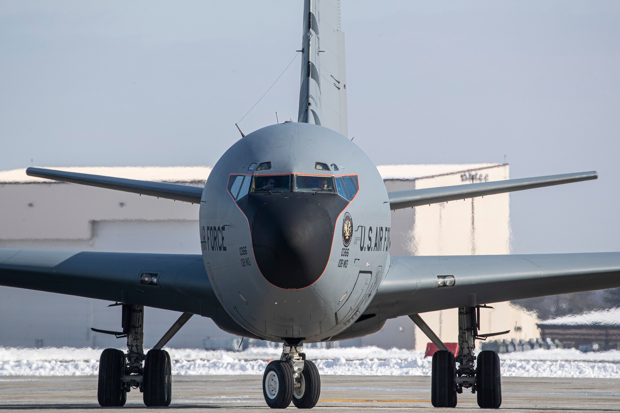 A U.S. Air Force KC-135R Stratotanker with the 108th Wing taxis during an Agile Combat Employment (ACE) demonstration on Joint Base McGuire-Dix-Lakehurst, N.J., Feb. 1, 2022. The New Jersey Air National Guard's 177th Fighter Wing and 108th Wing recently validated ACE capabilities in partnership with the Puerto Rico Air National Guard's 156th Wing to showcase their ability operate in a remote location with a small contingence of Airman to recover, turn and launch airpower capabilities. (U.S. Air National Guard photo by Master Sgt. Matt Hecht)