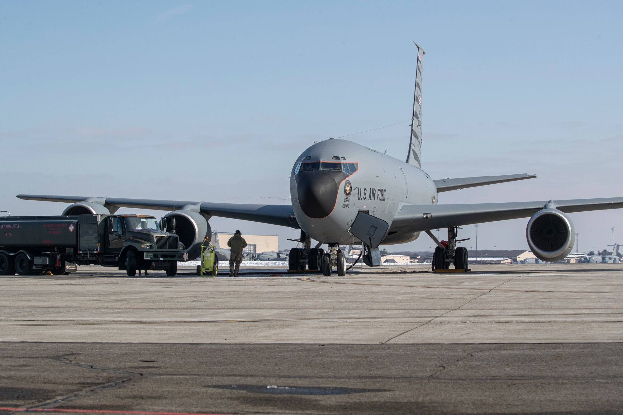 New Jersey Air National Guard Airmen with the 108th Wing take part in an Agile Combat Employment (ACE) demonstration on Joint Base McGuire-Dix-Lakehurst, N.J., Feb. 1, 2022. The New Jersey Air National Guard's 177th Fighter Wing and 108th Wing recently validated ACE capabilities in partnership with the Puerto Rico Air National Guard's 156th Wing to showcase their ability operate in a remote location with a small contingence of Airman to recover, turn and launch airpower capabilities. (U.S. Air National Guard photo by Master Sgt. Matt Hecht)