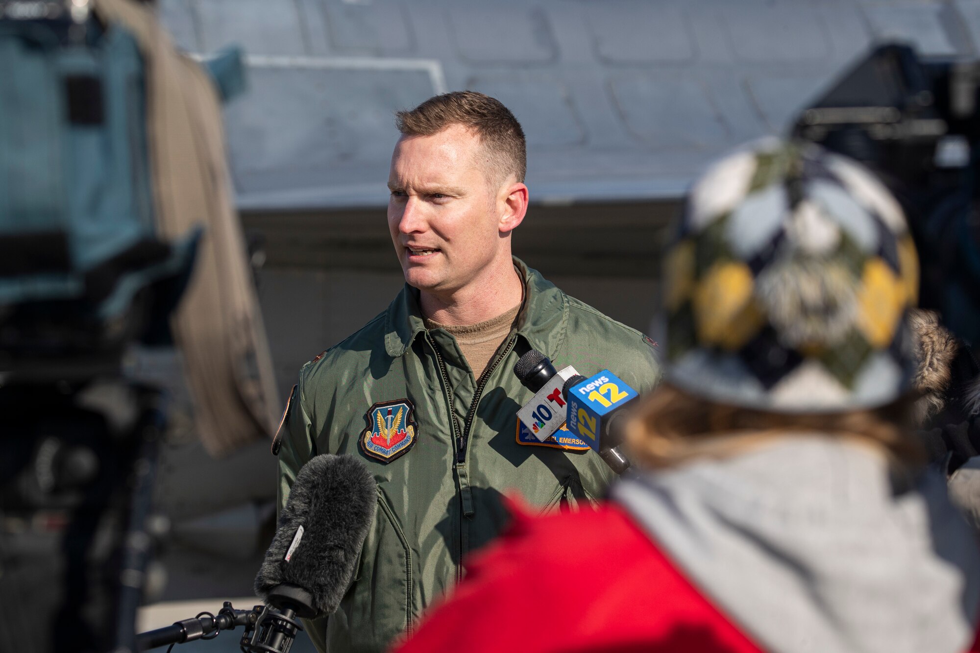 U.S. Air Force Maj. Eric Emerson, a New Jersey Air National Guard F-16 pilot, is interviewed by the press during an Agile Combat Employment (ACE) demonstration on Joint Base McGuire-Dix-Lakehurst, N.J., Feb. 1, 2022. The New Jersey Air National Guard's 177th Fighter Wing and 108th Wing recently validated ACE capabilities in partnership with the Puerto Rico Air National Guard's 156th Wing to showcase their ability operate in a remote location with a small contingence of Airman to recover, turn and launch airpower capabilities. (U.S. Air National Guard photo by Master Sgt. Matt Hecht)