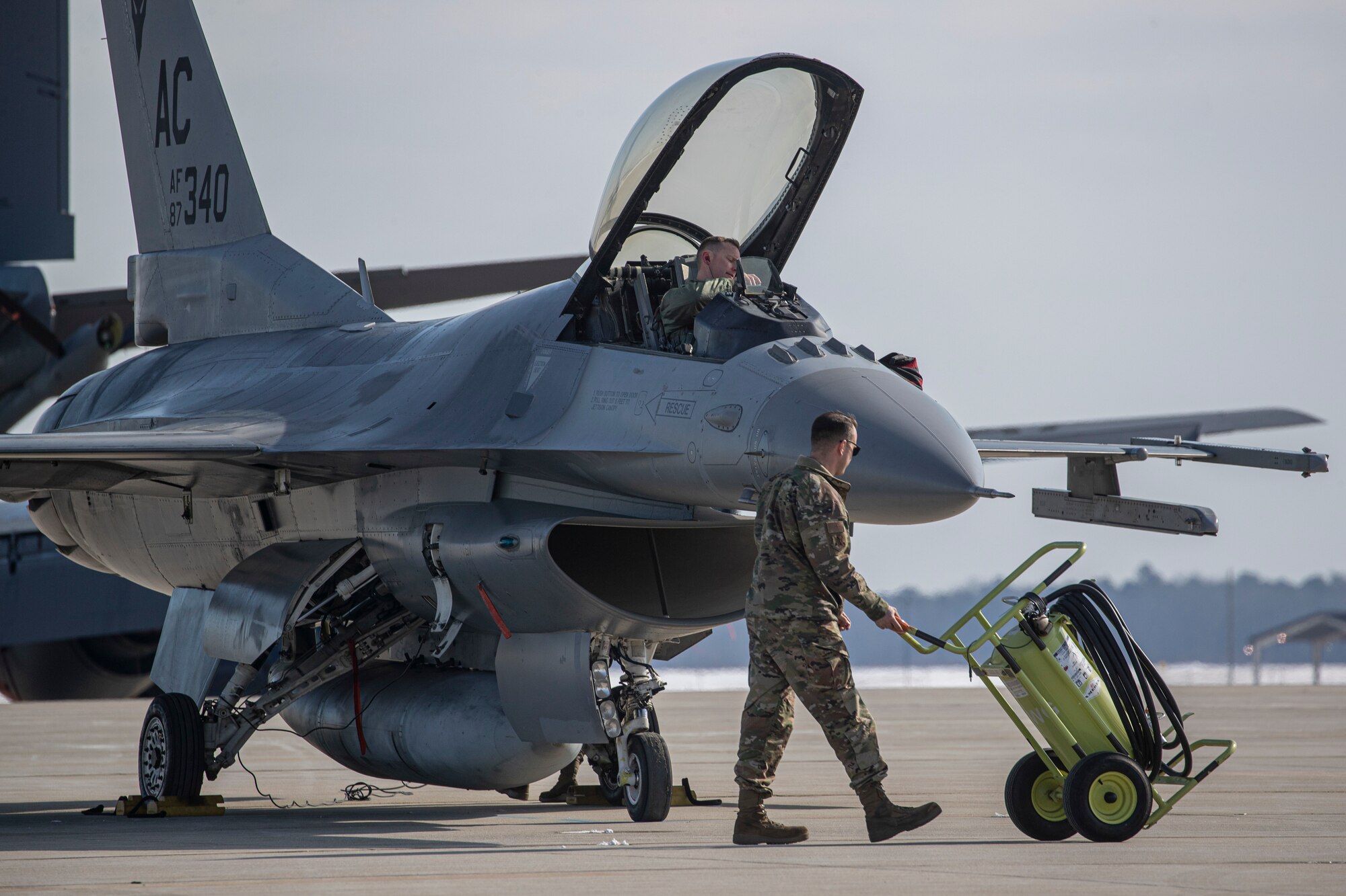 New Jersey Air National Guard Airmen take part in a Agile Combat Employment (ACE) demonstration on Joint Base McGuire-Dix-Lakehurst, N.J., Feb. 1, 2022. The New Jersey Air National Guard's 177th Fighter Wing and 108th Wing recently validated ACE capabilities in partnership with the Puerto Rico Air National Guard's 156th Wing to showcase their ability operate in a remote location with a small contingence of Airman to recover, turn and launch airpower capabilities. (U.S. Air National Guard photo by Master Sgt. Matt Hecht)