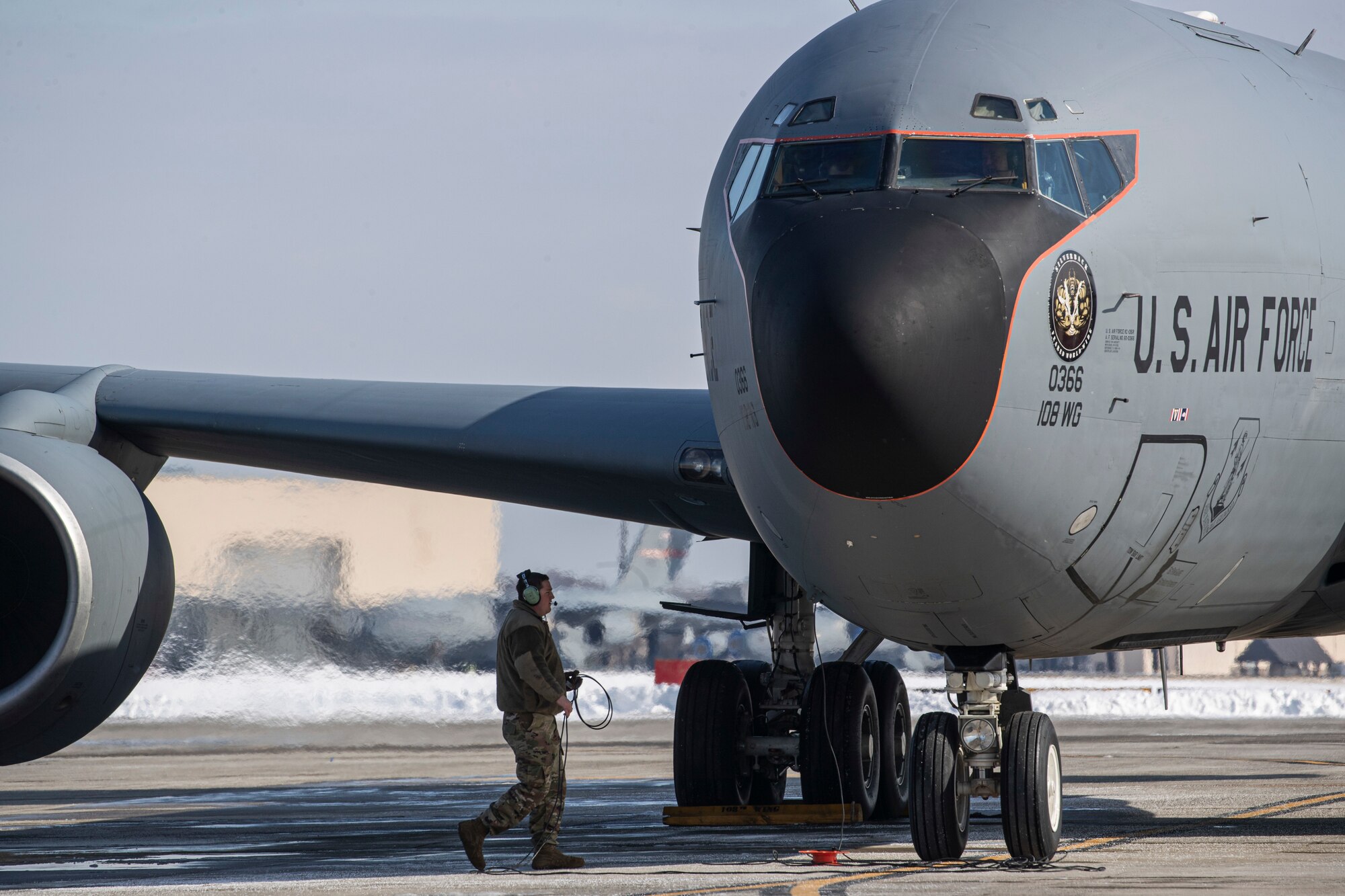 New Jersey Air National Guard Airmen with the 108th Wing take part in a Agile Combat Employment (ACE) demonstration on Joint Base McGuire-Dix-Lakehurst, N.J., Feb. 1, 2022. The New Jersey Air National Guard's 177th Fighter Wing and 108th Wing recently validated ACE capabilities in partnership with the Puerto Rico Air National Guard's 156th Wing to showcase their ability operate in a remote location with a small contingence of Airman to recover, turn and launch airpower capabilities. (U.S. Air National Guard photo by Master Sgt. Matt Hecht)