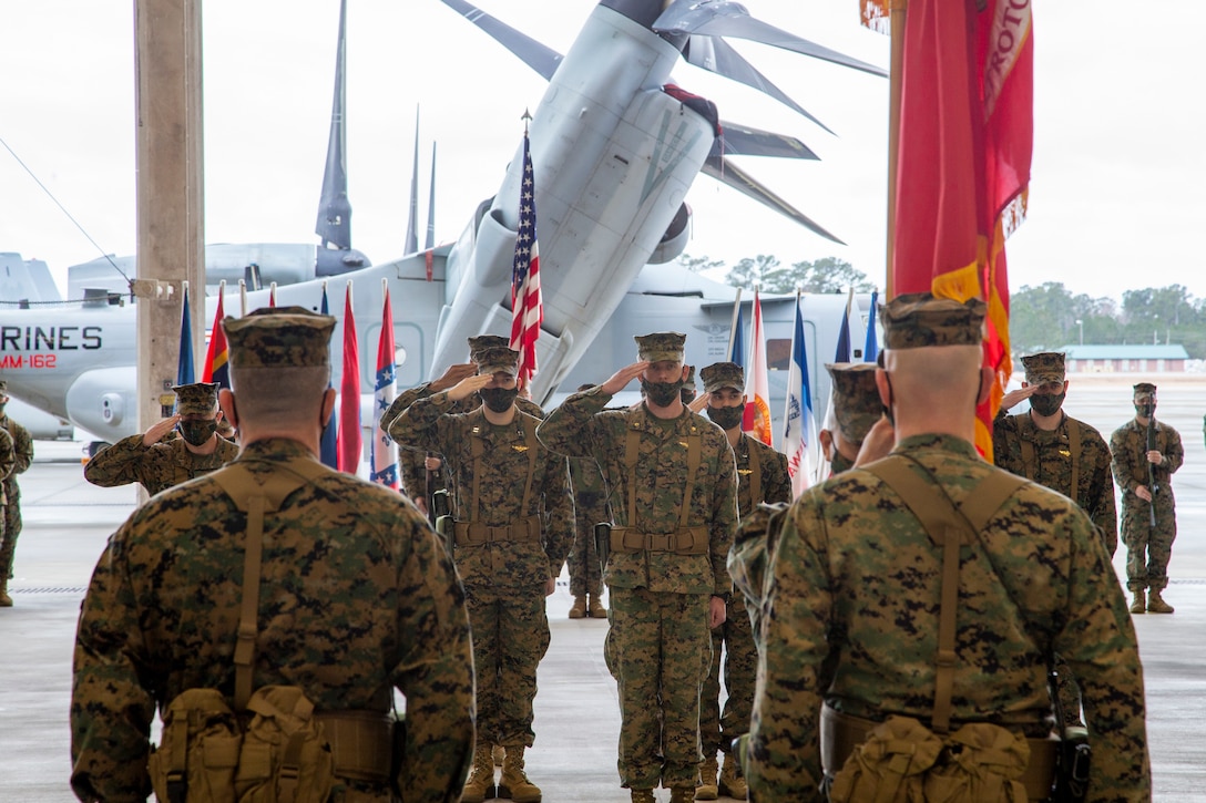 The ceremony represented a transfer of responsibility and authority from Rossman to Buzzard. VMM-162 is a subordinate unit of 2nd Marine Aircraft Wing, the aviation combat element of II Marine Expeditionary Force. (U.S. Marine Corps photo by Lance Cpl. Christopher Hernandez)