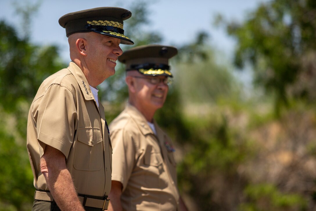 U.S. Marine Gen. David H. Berger, left, the commandant of the Marine Corps, walks with U.S. Navy Capt. Kevin Sweeney, the command chaplain for Marine Corps Installations West, Marine Corps Base Camp Pendleton during Sweeney’s retirement ceremony, at the Santa Margarita Ranch House on Marine Corps Base Camp Pendleton, California, June 17, 2021. Berger served as the retiring officer during the ceremony. Sweeney and Berger worked together at 1st Marine Division and deployed together to Afghanistan in 2012. Sweeney has been a Navy Chaplain since commissioning as a chaplain candidate aboard the USS Missouri (BB-63) in 1991. (U.S. Marine Corps photo by Lance Cpl. Kerstin Roberts)