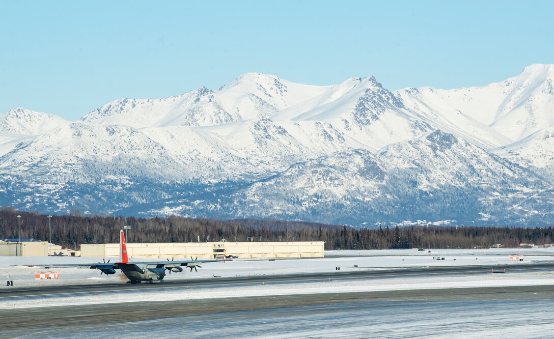 A New York Air National Guard LC-130 "Skibird" assigned to the 109th Airlift Wing, taxis off of the flight line Feb. 28, 2020, at Joint Base Elmendorf-Richardson, Alaska, in support of U.S. Northern Command's Exercise Arctic Edge 2020. Arctic Edge is a biennial homeland defense exercise designed to provide high quality and effective training in the extreme cold-weather conditions found in Arctic environments. (U.S. Air Force photo by Senior Airman Xavier Navarro)