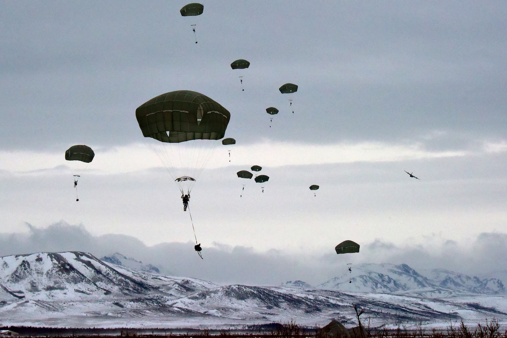 Paratroopers from C Troop, 1st Squadron (Airborne), 40th Cavalry Regiment jump into Donnelly Drop Zone Feb. 29, 2020, from a Royal Canadian Air Force C-130 as part of Arctic Edge 2020.  As a Homeland Defense exercise, AE20 is designed to provide high quality and effective training in the extreme cold-weather conditions found in Arctic environments. The exercise is conducted under the authority of North American Aerospace Defense Command and U.S. Northern Command. AE20 is the largest joint exercise scheduled in Alaska this year. (Army photo/John Pennell)