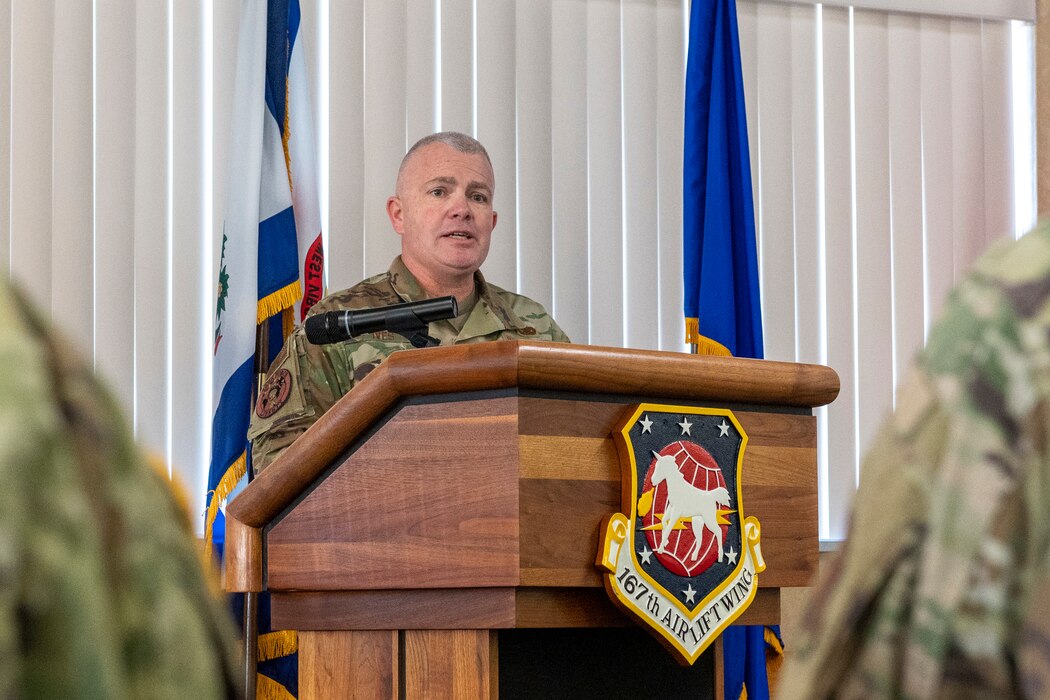 Chief Master Sgt. Brandon Ives, West Virginia Air National Guard state command chief, makes his first remarks as the newest WVANG command chief during a state command chief change of responsibility ceremony at the 167th Airlift Wing dining facility, Martinsburg, West Virginia, Feb. 5, 2022.