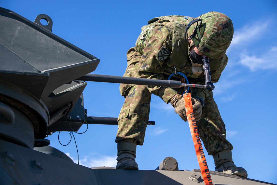 A Japan Ground Self-Defense Force soldier with 2nd Amphibious Rapid Deployment Regiment conducts a battle sight zero on a .50-caliber machine gun mounted onto a Japan assault amphibious vehicle during exercise Iron Fist 2022 at Marine Corps Base Camp Pendleton, California, Feb. 5, 2022. For almost two decades, the U.S. Marine Corps, U.S. Navy, and JGSDF have conducted exercise Iron Fist, training together in amphibious operations and affirming the U.S. commitment to our allies.