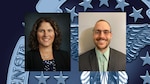 Graphic image composed of portrait photos of Nora Steigerwalt, left, and Thomas Heleniak, right, over an enlarged portion of the Defense Logistics Agency Troop Support. Steigerwalt, DLA Trop Support Medical director of customer operations, and Heleniak, Medical tailored vendor logistics specialist, were two of three annual award winners comprising a “sweep” of all three major annual awards: Supervisor, Employee and Team of the Year.