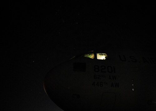 A C-17 Globemaster III assigned to Joint Base Lewis-McChord, Washington, prepares to takeoff during Battalion Mass Tactical Week at Pope Army Airfield, North Carolina, Feb. 5, 2022. BMTW is a week-long exercise between the U.S. Air Force and U.S. Army to enhance members’ abilities by practicing scenarios in a controlled environment. (U.S. Air Force photo by Airman 1st class Charles Casner)