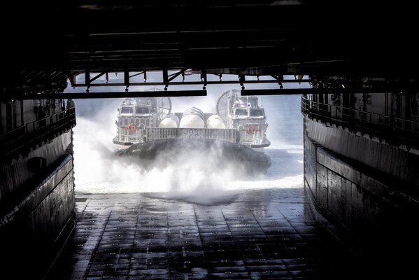 The next generation landing craft, ship to shore connector, landing craft, air cushion, successfully completed well deck interoperability testing with USS Carter Hall (LSD 50).