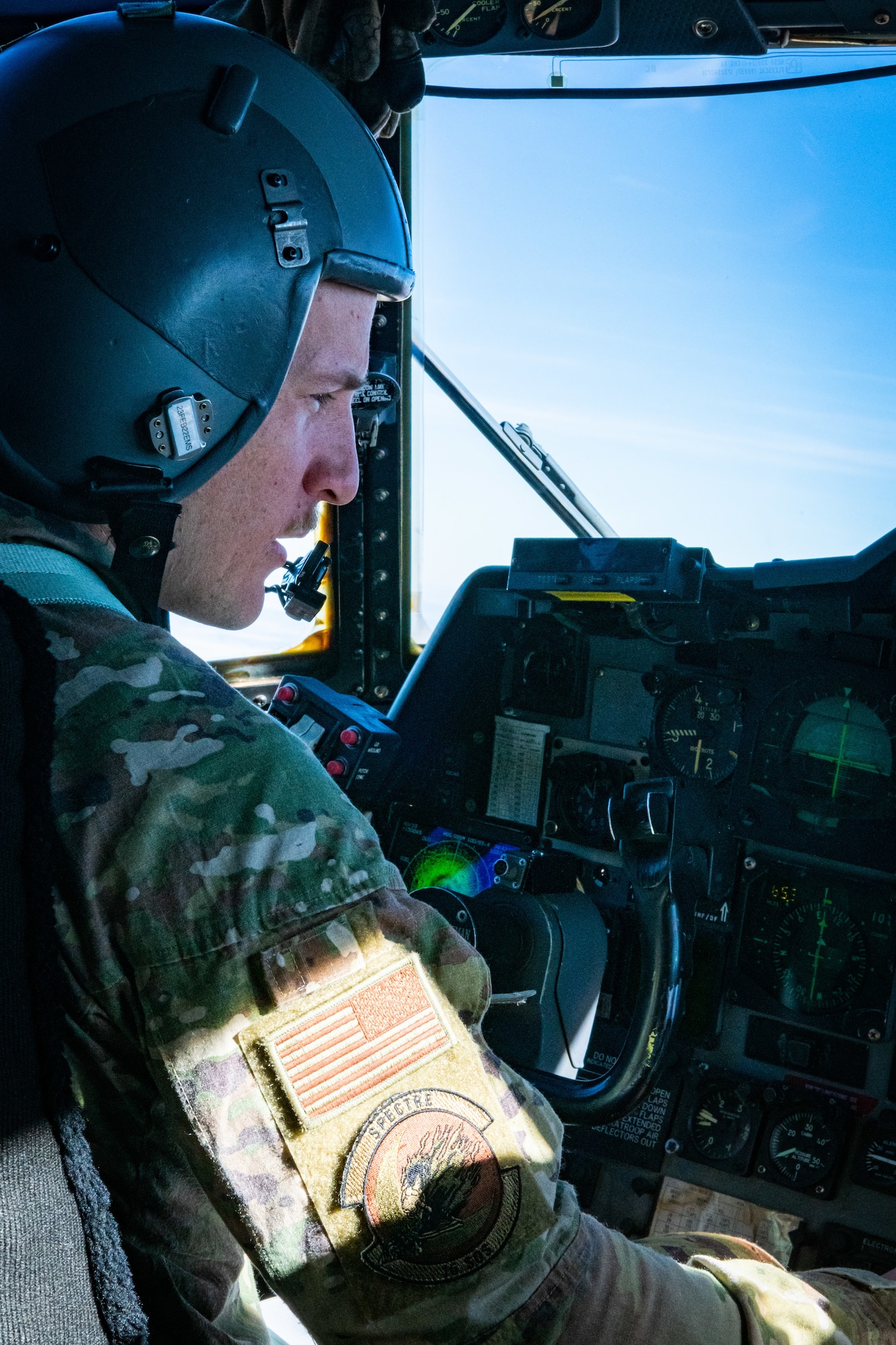 U.S. Air Force Capt. Aaron Schuetze, 16th Special Operations Squadron AC-130W Stinger II pilot, conducts a Spirit 03 memorial flight at Cannon Air Force Base, New Mexico, Jan. 31, 2022. Spirit 03 was the last AC-130 gunship shot down in combat, lost during Operation Desert Storm. The 16 SOS honored the crew by performing live fire training at the Spirit live fire range at Melrose Air Force Range, conducted a memorial flyover at Cannon, and held a remembrance brief after the flights detailing the story of the aircrew and advancements made as a result of the loss of Spirit 03. (U.S. Air Force photo by Airman 1st Class Drew Cyburt)
