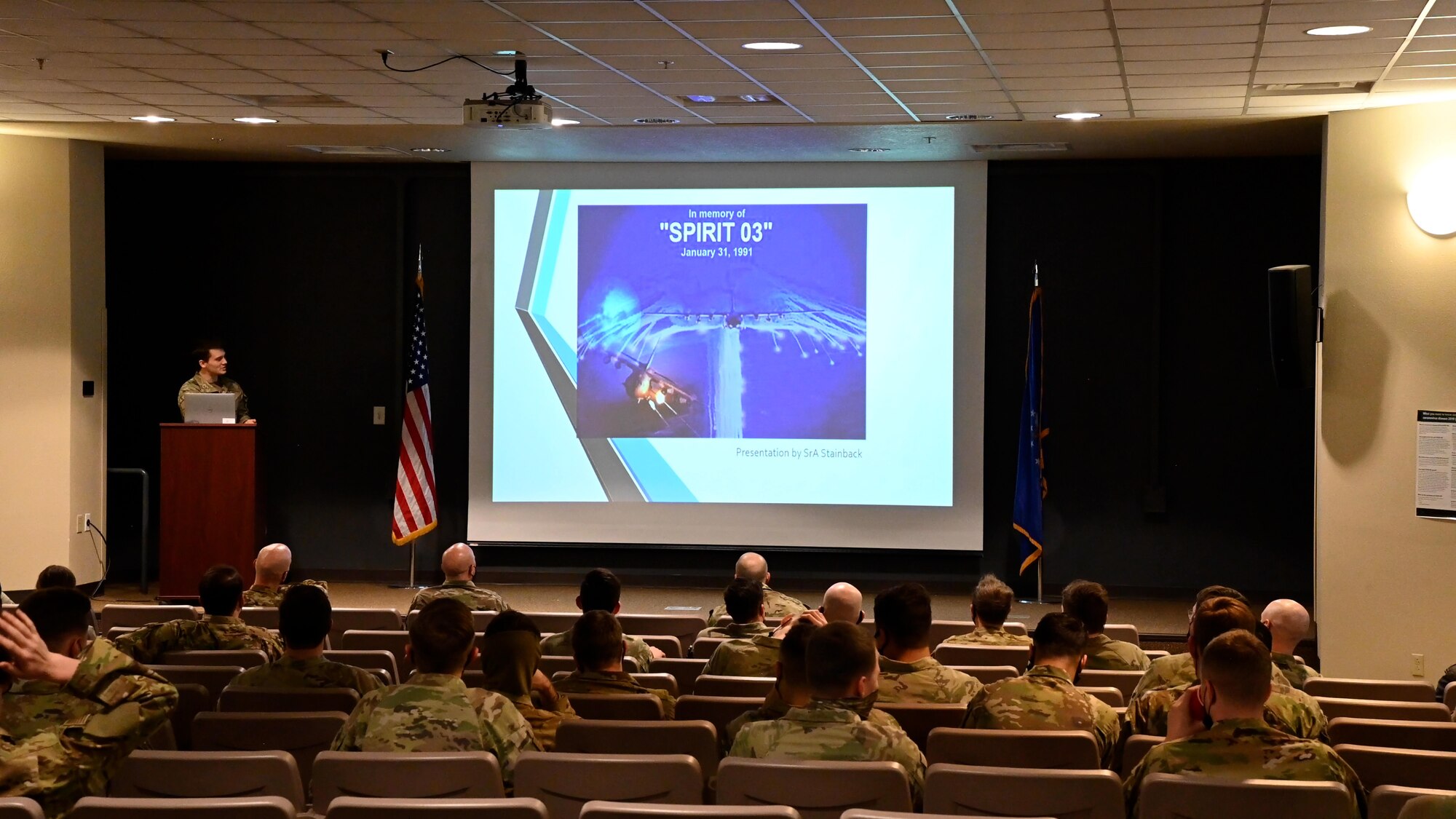 U.S. Airmen of the 16th Special Operations Squadron attend a memorial brief for the crew of Spirit 03 at Cannon Air Force Base, New Mexico, Jan 31, 2022. Spirit 03 was the last AC-130 gunship shot down in combat, lost during Operation Desert Storm. The 16 SOS honored the crew by performing live fire training at Spirit live fire range, a memorial flyover Cannon and held the brief detailing the story of the aircrew and advancements made as a result of the loss of Spirit 03. (U.S. Air Force photo by Senior Airman Christopher Storer)