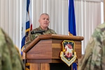 Chief Master Sgt. Brandon Ives, West Virginia Air National Guard state command chief, makes his first remarks as the newest WVANG command chief during a state command chief change of responsibility ceremony at the 167th Airlift Wing dining facility, Martinsburg, West Virginia, Feb. 5, 2022.