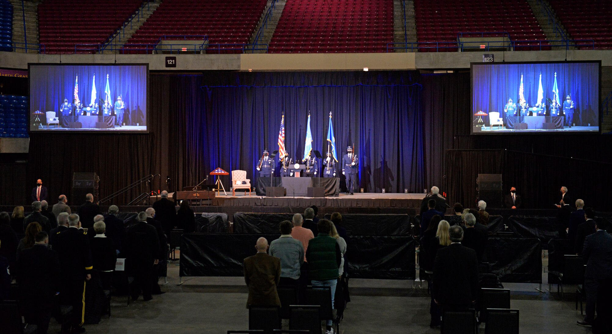 Honor Guard members from Wright-Patterson Air Force Base, Ohio, present the colors during the “Celebration of Life” service for Retired Brig. Gen. Chuck Yeager at the Charleston Coliseum & Convention Center in Charleston, West Virginia, Jan. 15, 2021. Yeager was an Air Force flying ace and test pilot who in 1947 became the first in history confirmed to have exceeded the speed of sound in level flight. (U.S. Air Force photo by Ty Greenlees)