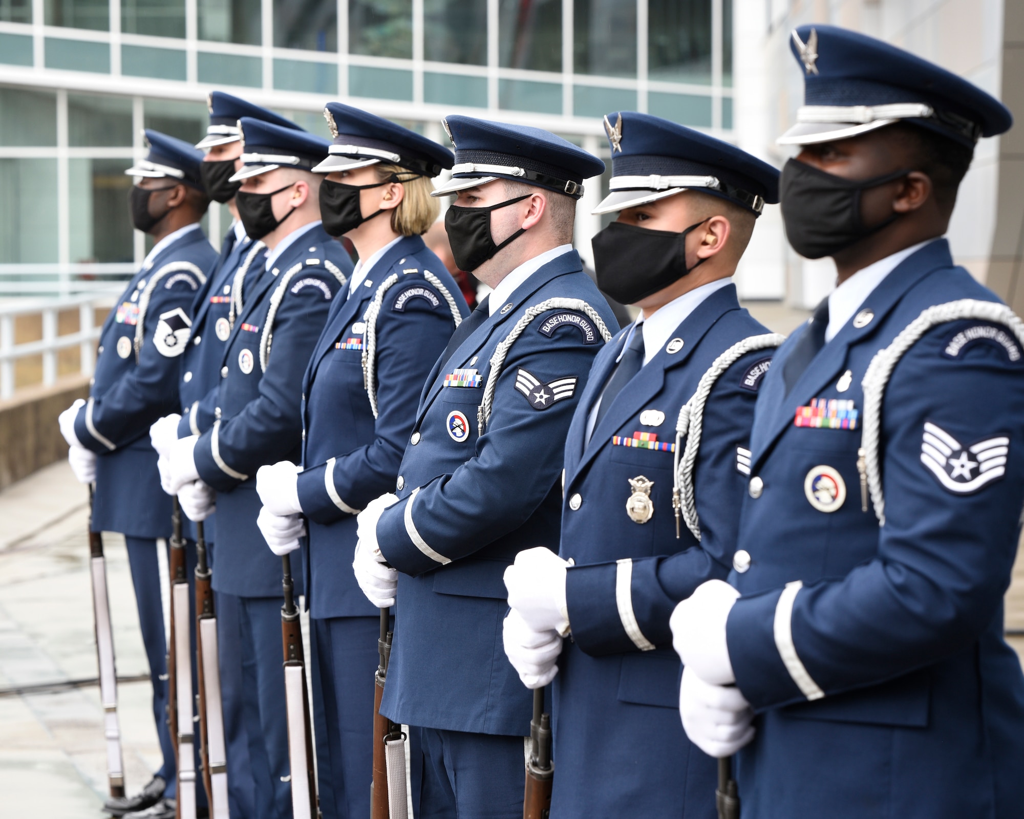 Honor Guard members from Wright-Patterson Air Force Base, Ohio, prepare to perform a 21-gun salute during the “Celebration of Life” service for Retired Brig. Gen. Chuck Yeager at the Charleston Coliseum & Convention Center in Charleston, West Virginia, Jan. 15, 2021. Yeager was an Air Force flying ace and test pilot who in 1947 became the first in history confirmed to have exceeded the speed of sound in level flight. (U.S. Air Force photo by Ty Greenlees)