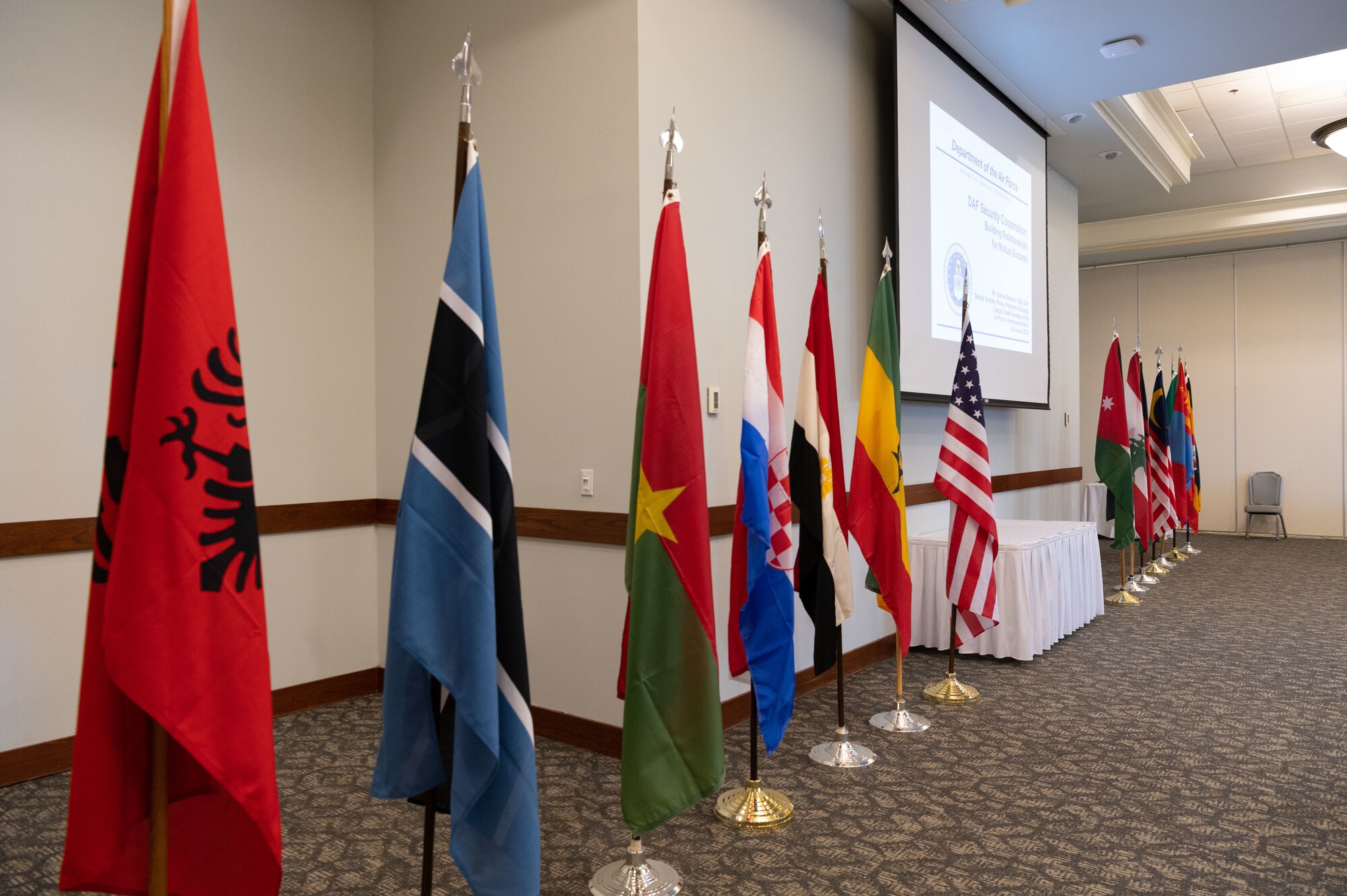 Flags representing all the countries who participated in this year’s Building Partner Aviation Capacity Seminar 22A are displayed Jan. 24, 2022, at Hurlburt Field, Florida.