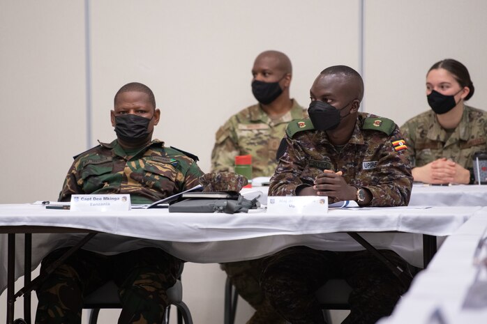 Building Partner Aviation Capacity Seminar 22A participants from Uganda and Tanzania listen to speakers from Air Force Special Operations Command Jan. 24, 2022, at Hurlburt Field, Florida.