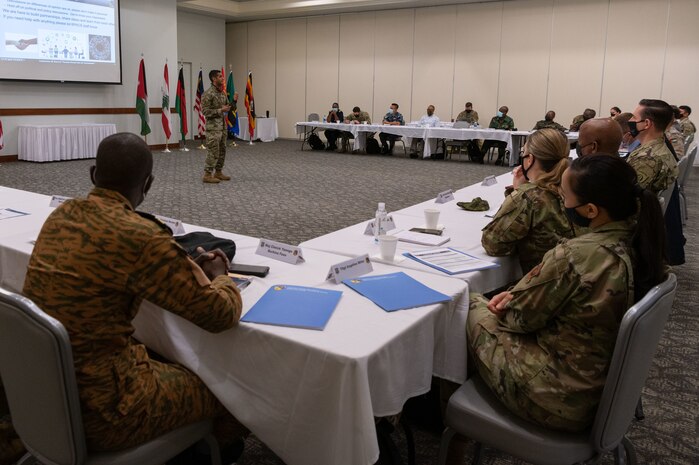 U.S. Air Force Maj. Abdulaziz Ali, an Air Force Special Operations Command Building Partner Aviation Capacity Seminar 22A director, speaks to participants during BPACS 22A Jan. 24, 2022, at Hurlburt Field, Florida.