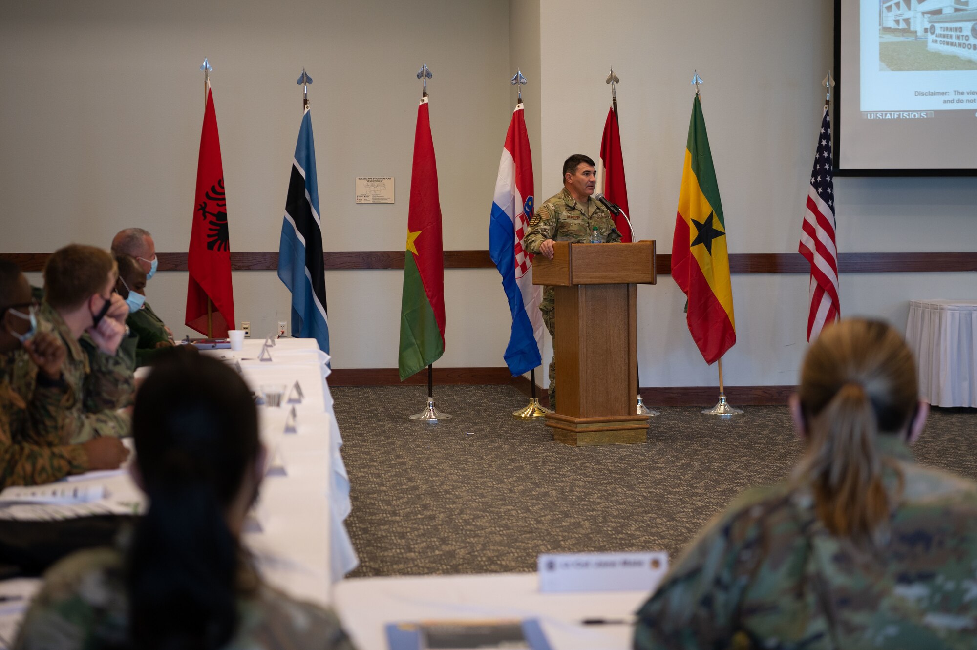 U.S. Air Force Maj. Gen. Matthew Davidson, Air Force Special Operations Command director of operations, speaks during the Building Partner Aviation Capacity Seminar 22A Jan. 24, 2022, at Hurlburt Field, Florida.