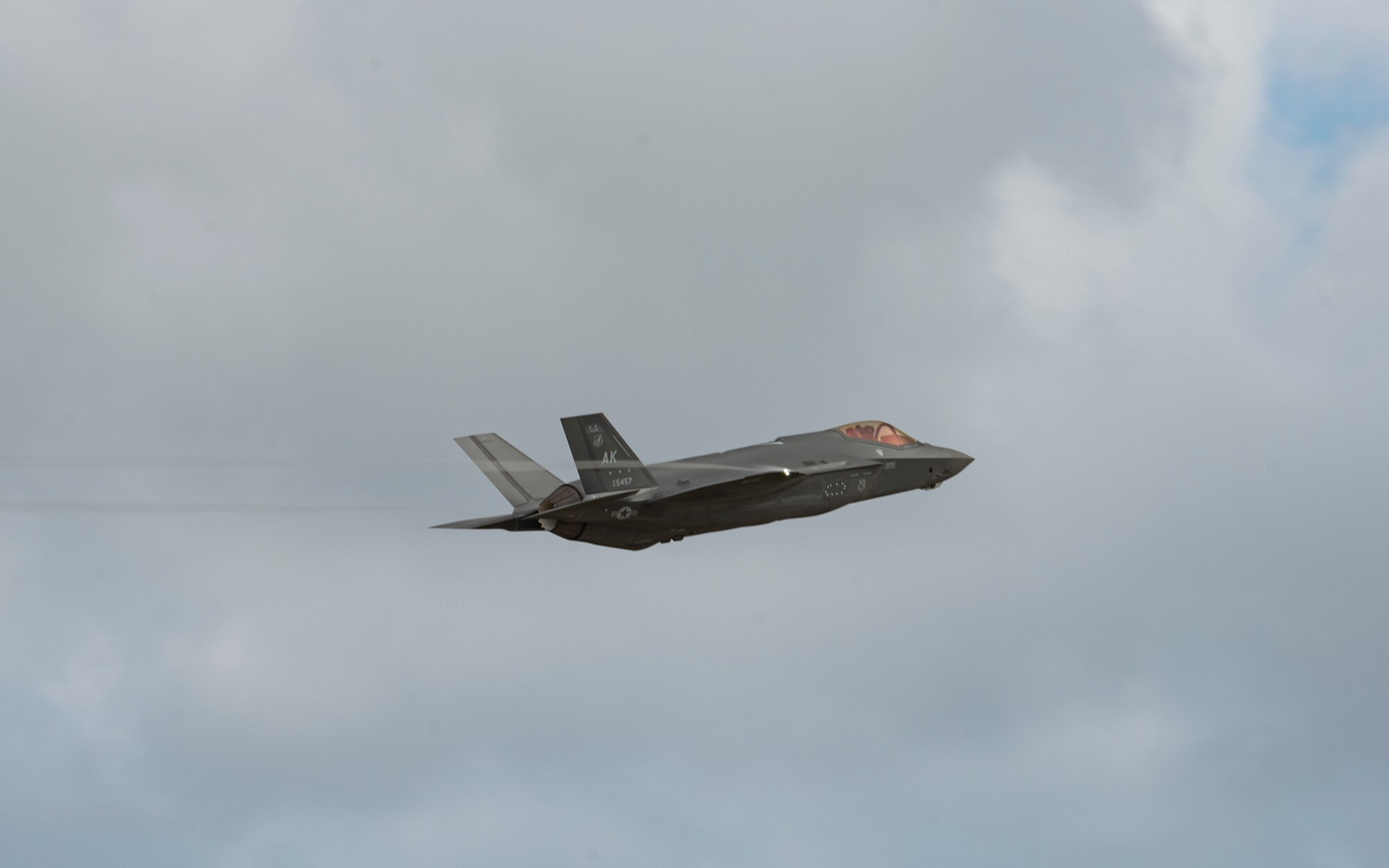 A U.S. Air Force F-35A Lightning II takes off from Andersen Air Force Base, Guam, during a take-off viewing day for exercise Cope North 22, Feb. 9, 2022. Service members, their families and civic leaders were invited to the flight line to learn the importance of Cope North while observing aircraft capabilities.  Exercise Cope North is the U.S. Pacific Air Forces’ largest multilateral exercise and includes more than 2, 500 U.S. Airmen, Marines, and Sailors working alongside 1,000 combined Japan Air Self-Defense Force and Royal Australian Air Force counterparts.