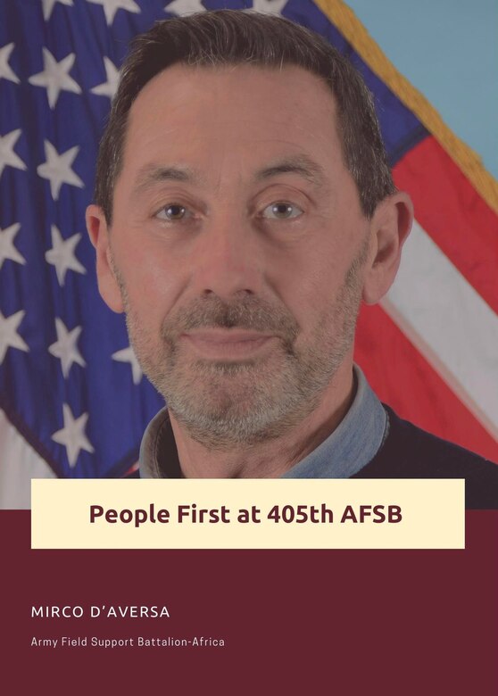 Mirco D’Aversa is an equipment specialist and quality control coordinator in the maintenance directorate of Army Field Support Battalion-Africa, 405th Army Field Support Brigade on Leghorn Army Depot, Livorno, Italy. He said everyone at AFSBn-Africa is very professional, respectful and hardworking. If you work here, you’ll enjoy every day, he said. (U.S. Army courtesy photo)