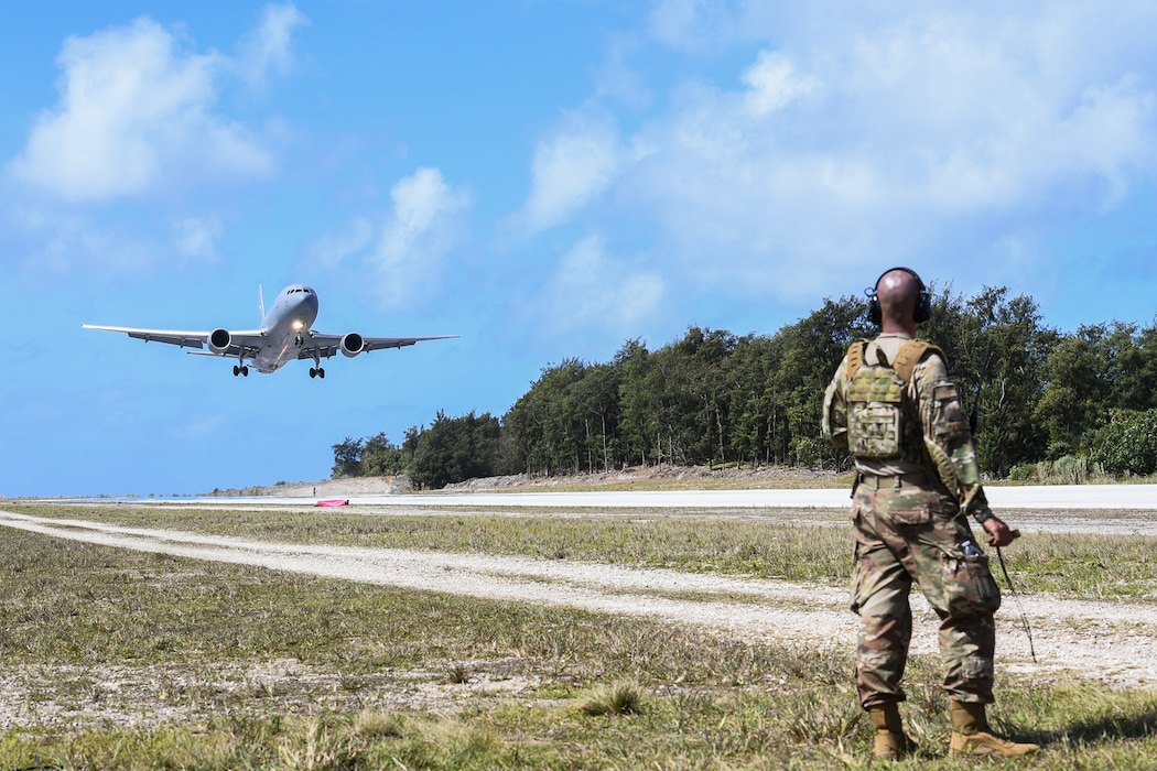 A McConnell KC-46 lands in an austere environment  during Cope North '22 on Northwest Field, Guam, Feb. 4, 2022.