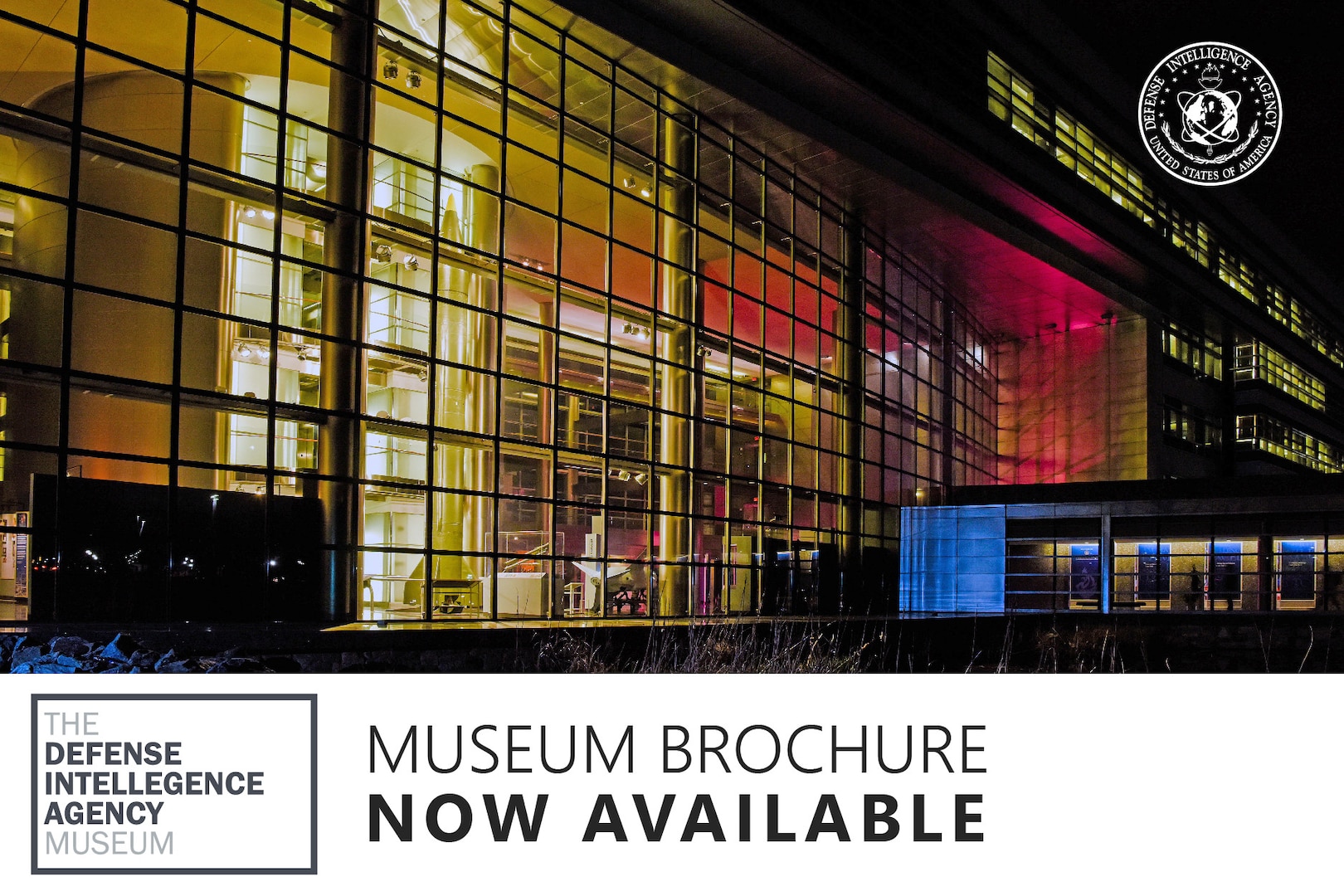 Photo of the DIA museum at night with text reading 'Museum Brochure Now Available.