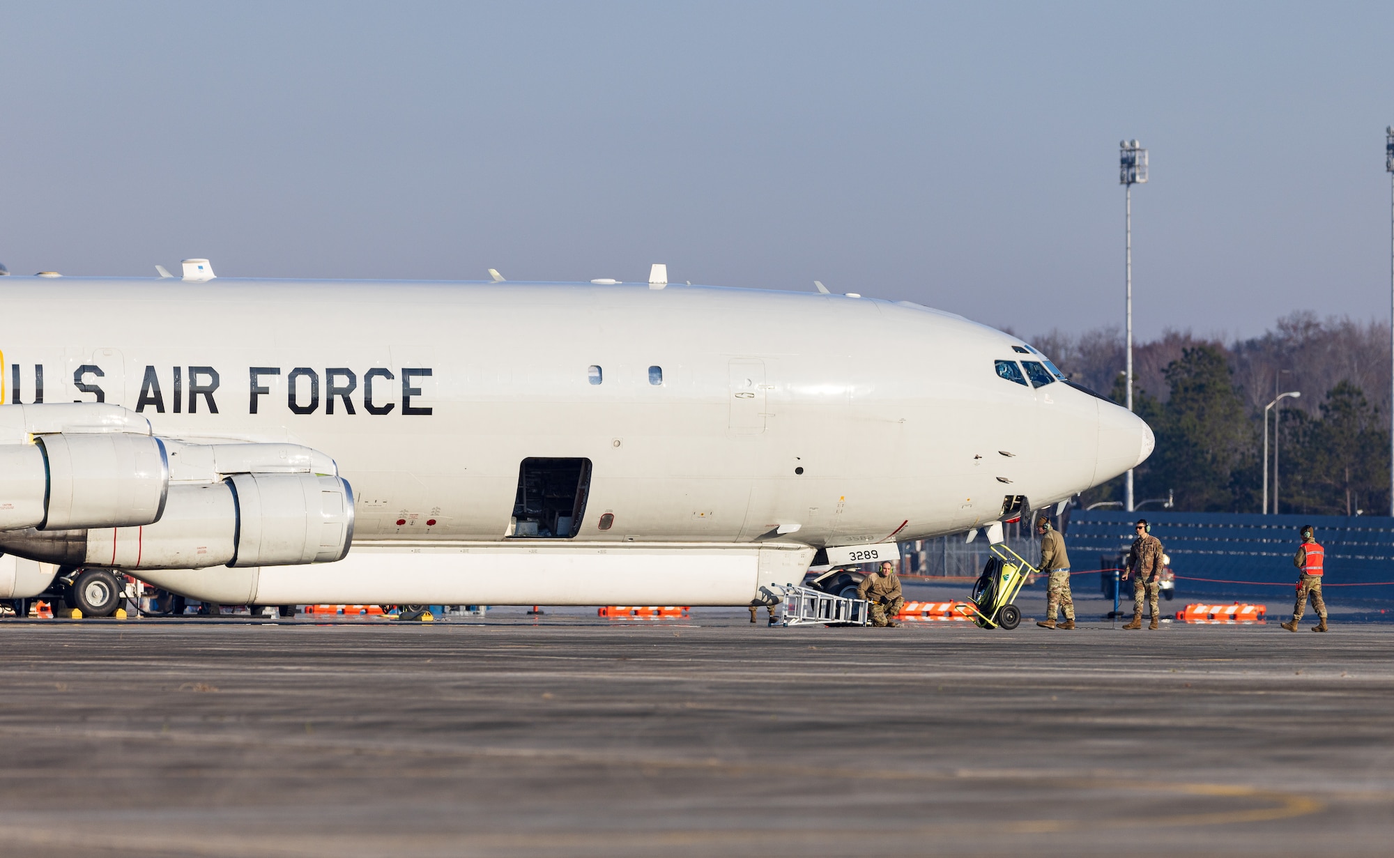 U.S. Airmen with the 116th and 461st Maintenance Groups make final preparations prior to the departure of E-8C Joint STARS aircraft 92-3289 at Robins Air Force Base, Georgia, Feb. 11, 2022. The aircraft has been in military service since 1996 and will retire to its final resting place with the 309th Aerospace Maintenance and Regeneration Group at Davis-Monthan Air Force Base, Arizona. (U.S. Air National Guard photo by Tech. Sgt. Jeff Rice)