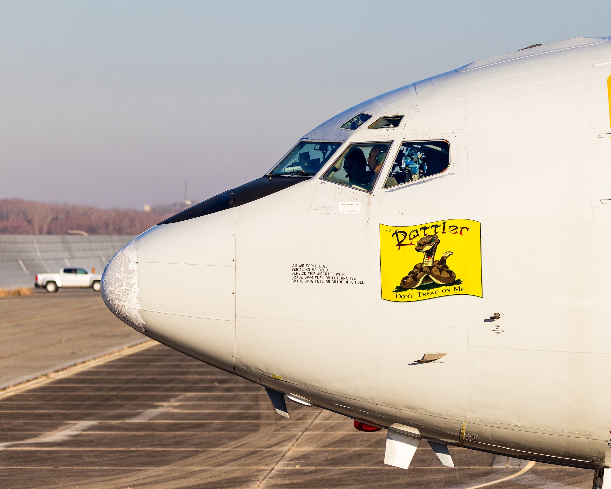 An E-8C Joint STARS aircraft taxis prior to its final departure at Robins Air Force Base, Georgia, Feb. 11, 2022. The primary mission of Joint STARS is to provide theater ground and air commanders with ground surveillance to support attack operations and targeting that contributes to the delay, disruption and destruction of enemy forces. (U.S. Air National Guard photo by Tech. Sgt. Jeff Rice)