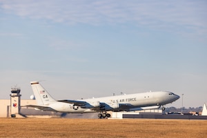 An E-8C Joint STARS aircraft sits on the ramp at Robins Air Force Base, Georgia, Feb. 11, 2022. The primary mission of Joint STARS is to provide theater ground and air commanders with ground surveillance to support attack operations and targeting that contributes to the delay, disruption and destruction of enemy forces. (U.S. Air National Guard photo by Tech. Sgt. Jeff Rice)
