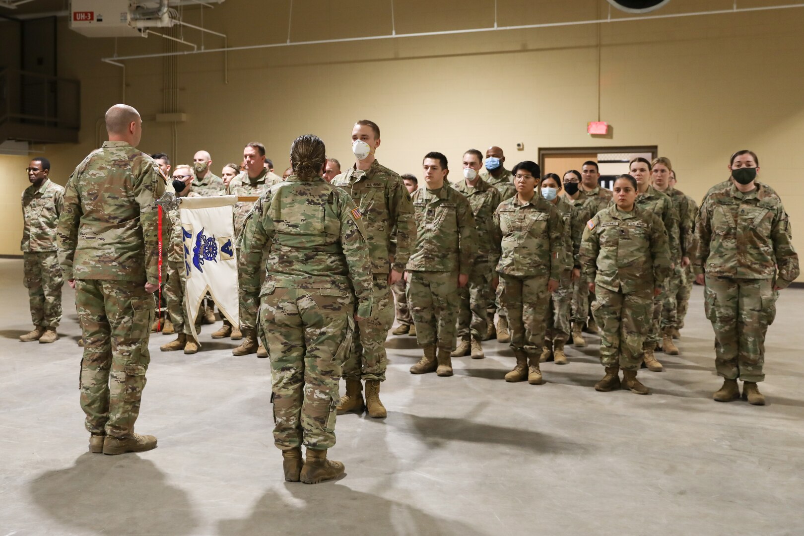 Oklahoma National Guard Soldiers with Alpha Company 777, 345th Combat Sustainment Support Battalion, 90th Troop Command receive a Meritorious Unit Commendation at a ceremony at the Armed Forces Readiness Center, Okmulgee, Oklahoma, Feb. 5, 2022. The unit was awarded the commendation in recognition of their accomplishments during their 2016-2017 deployment to Kuwait in support of Operations Inherent Resolve, Spartan Shield, and Freedom’s Sentinel. (Oklahoma National Guard photo by Spc. Danielle Rayon)
