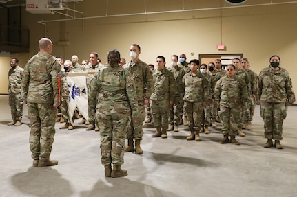 Oklahoma National Guard Soldiers with Alpha Company 777, 345th Combat Sustainment Support Battalion, 90th Troop Command receive a Meritorious Unit Commendation at a ceremony at the Armed Forces Readiness Center, Okmulgee, Oklahoma, Feb. 5, 2022. The unit was awarded the commendation in recognition of their accomplishments during their 2016-2017 deployment to Kuwait in support of Operations Inherent Resolve, Spartan Shield, and Freedom’s Sentinel. (Oklahoma National Guard photo by Spc. Danielle Rayon)