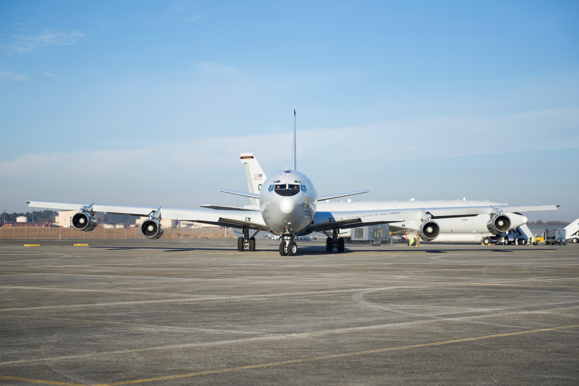An E-8C Joint STARS aircraft taxis on the ramp prior to its final departure at Robins Air Force Base, Georgia, Feb. 11, 2022. 
The aircraft has been in military service since 1996 and will retire to its final resting place withe the 309th Aerospace Maintenance and Regeneration Group at Davis-Monthan Air Force Base, Arizona. (U.S. Air National Guard photo by Tech. Sgt. Michelle Self )