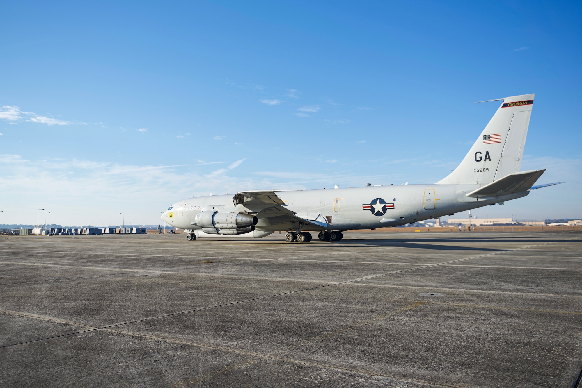 An E-8C Joint STARS aircraft taxis on the ramp prior to its final departure at Robins Air Force Base, Georgia, Feb. 11, 2022.(U.S. Air National Guard photo by Tech. Sgt. Michelle Self)The aircraft has been in military service since 1996 and will retire to its final resting place withe the 309th Maintenance Regeneration Group at Davis-Monthan Air Force Base, Arizona. (U.S. Air National Guard photo by Tech. Sgt. Michelle Self)