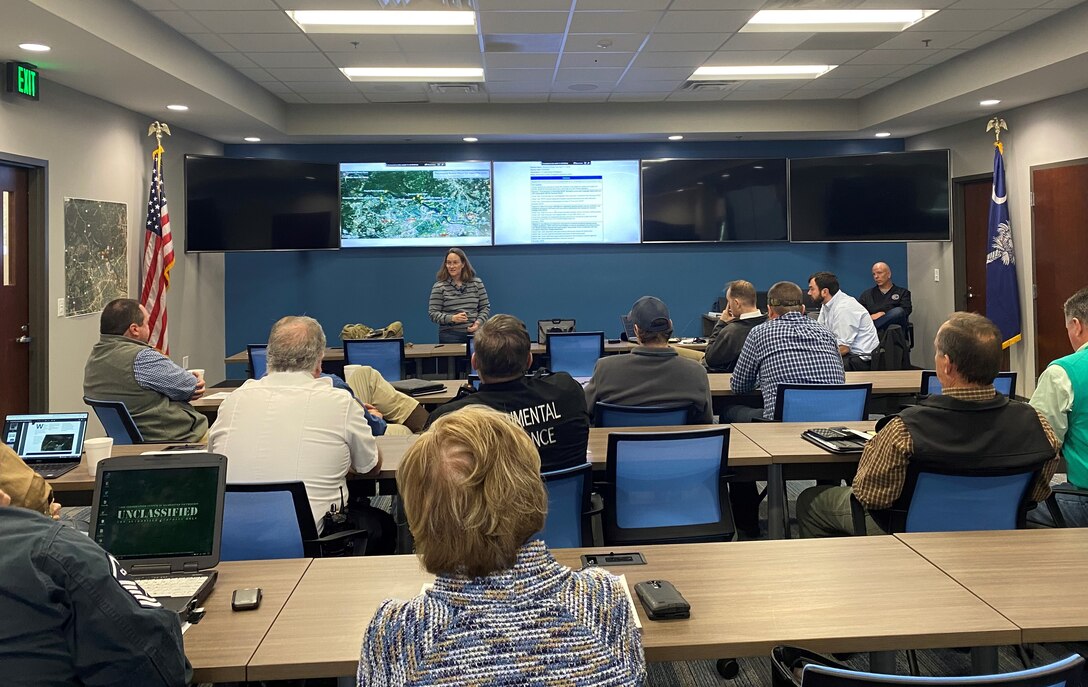 Lead Exercise Planner Mary Lawson conducted a tabletop exercise for a worst-case scenario of a 6,500-gallon oil spill resulting from a damaged transformer at the Thurmond Power Plant. USACE personnel from all three projects and the District were in attendance. Participants also included federal, state and local response agencies, local water and energy utilities, and oil spill response contractors, for a total of 37 attendees.