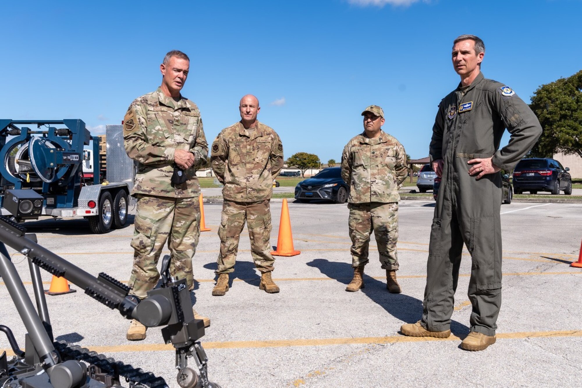 (Left) Col. David A. Biggs, 482nd Mission Support Group commander, gives a briefing to Maj. Gen. Bryan Radliff, 10th Air Force commander, about the 482nd Explosive Ordnance Disposal Team at Homestead Air Reserve Base, Florida, Feb. 7, 2022. Trained to detect, disarm and dispose of explosive threats in the most extreme environments, EOD technicians bravely serve as the Air Force’s bomb squad. (U.S. Air Force photo by Tech. Sgt. Lionel Castellano)