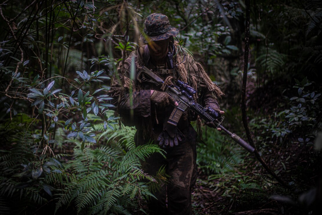 U.S. Marine Corps Sgt. Alex Story with Force Reconnaissance Platoon, 31st Marine Expeditionary Unit, patrols through the jungle on Camp Schwab, Okinawa, Japan, Jan. 29, 2022. The 31st MEU is operating aboard ships of America Expeditionary Ready Group in the 7th fleet area of operations to enhance interoperability with allies and partners and serve as a ready response force to defend peace and stability in the Indo-Pacific region.