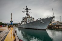 JOINT BASE PEARL HARBOR HICKAM, Hawaii – The Arleigh Burke-class guided-missile destroyer USS William P. Lawrence (DDG 110) docks in Dry Dock #4 on March 9, 2021 completing one of the first major milestones in the ship’s docking selected restricted availability. The USS William P. Lawrence is homeported in Pearl Harbor, Hawaii.