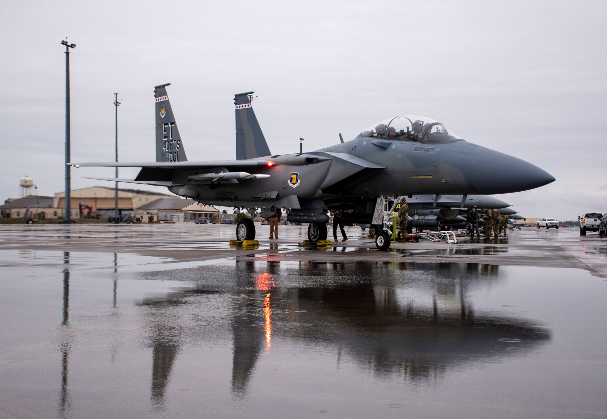 The 40th Flight Test Squadron’s F-15EX Eagle II prepares to taxi during the 53rd Weapons Evaluation Group’s Weapons System Evaluation Program East hosted by Tyndall Air Force Base, Florida, Jan. 25, 2022. The aircrew aboard fired an AIM-120 missile during the sortie marking the first live firing from the Air Force’s newest fighter aircraft. (U.S. Air Force photo/1st Lt. Lindsey Heflin)