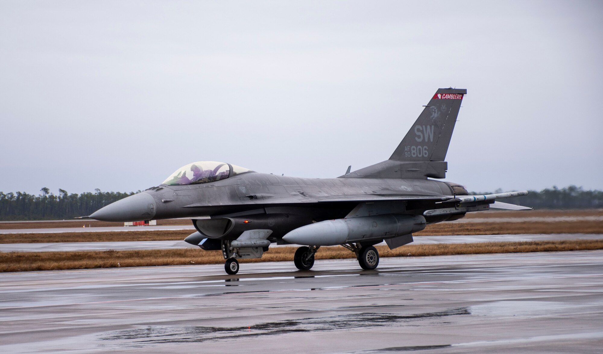 A U.S. Air Force F-16 Fighting Falcon attached to the 77th Fighter Squadron, Shaw Air Force Base, South Carolina prepares to take off at Tyndall Air Force Base, Florida to participate in the 53rd Weapons Evaluation Group’s Weapons System Evaluation Program East 22.04, Jan. 25, 2022. WSEP tests and validates the performance of crews, pilots, and their technology to enhance readiness for real-world operations. (U.S. Air Force photo by 1st Lt Lindsey Heflin)