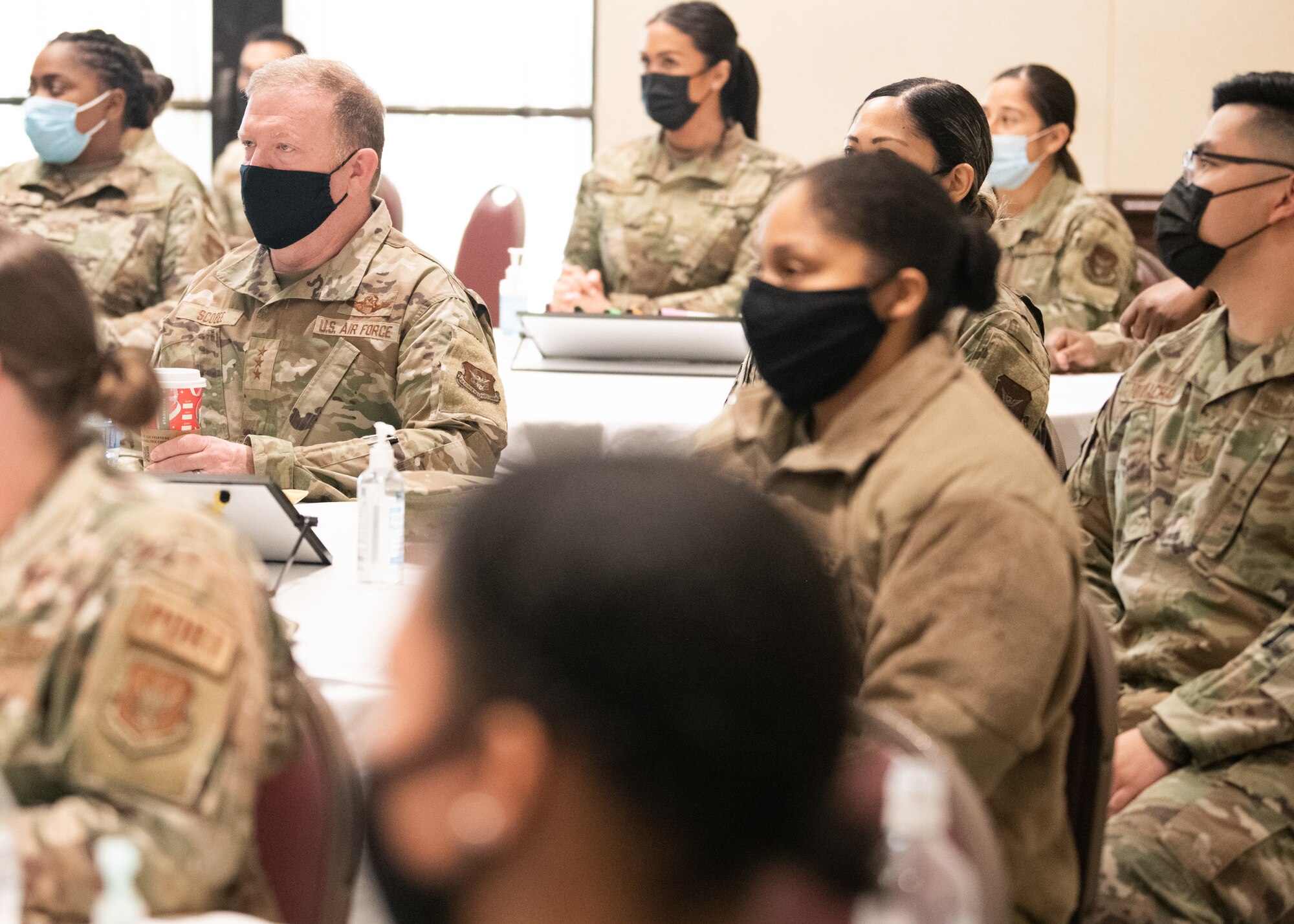 Lt. Gen. Richard W. Scobee, chief of the Air Force Reserve and commander of the Air Force Reserve Command, sits in for a session of Bring On Leadership Development at Travis Air Force Base, Feb. 12, 2022. The 349th Air Mobility Wing offers monthly B.O.L.D. sessions covering personal development topics relevant to Airmen of all ranks.