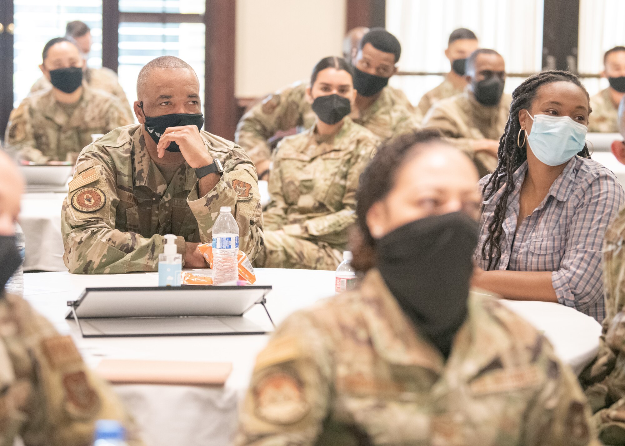 Chief Master Sgt. Timothy C. White Jr., senior enlisted advisor to the Chief of Air Force Reserve and command chief of Air Force Reserve Command, sits in for a session of Bring On Leadership Development, B.O.L.D, at Travis Air Force Base, Feb 12, 2022. White referred to the monthly B.O.L.D. sessions covering personal development topics relevant to Airmen of all ranks as a “warfighting imperative.”