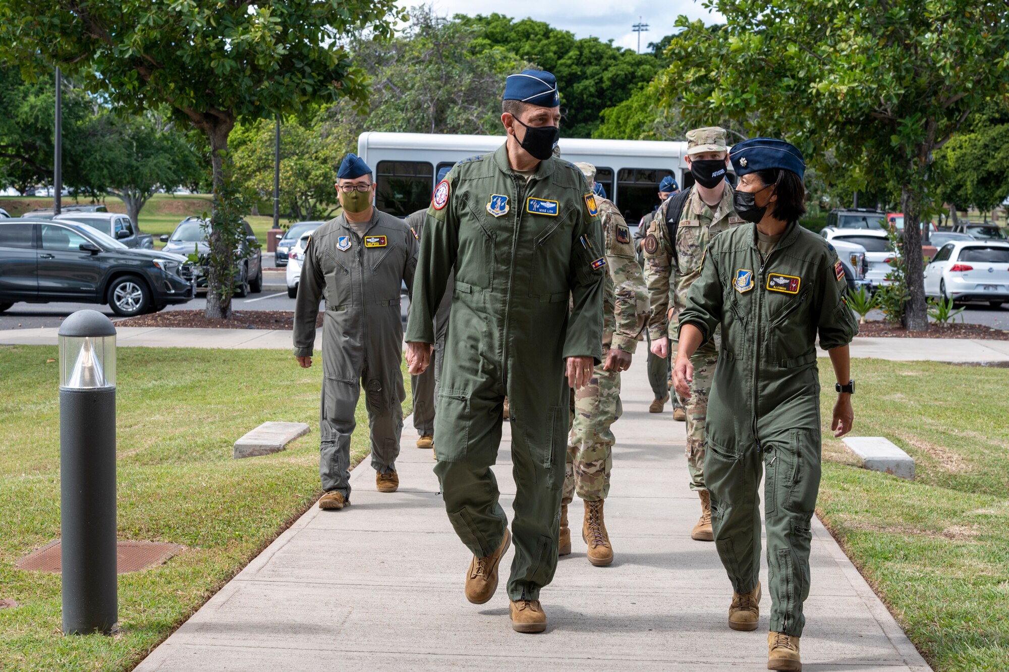 U.S. Air Force Lt. Gen. Michael A. Loh, director, Air National Guard, is greeted by Lt. Col. Blythe Jeanne Itoman, commander, 204th Airlift Squadron, Hawaii National Guard,, Feb. 8, 2022, at Joint Base Pearl Harbor-Hickam, Hawaii. During his visit, Loh  participated in a town hall presentation, giving a broader opportunity for members to directly address their questions with NGB leaders. (U.S. Air National Guard photo by Master Sgt. Mysti Bicoy)