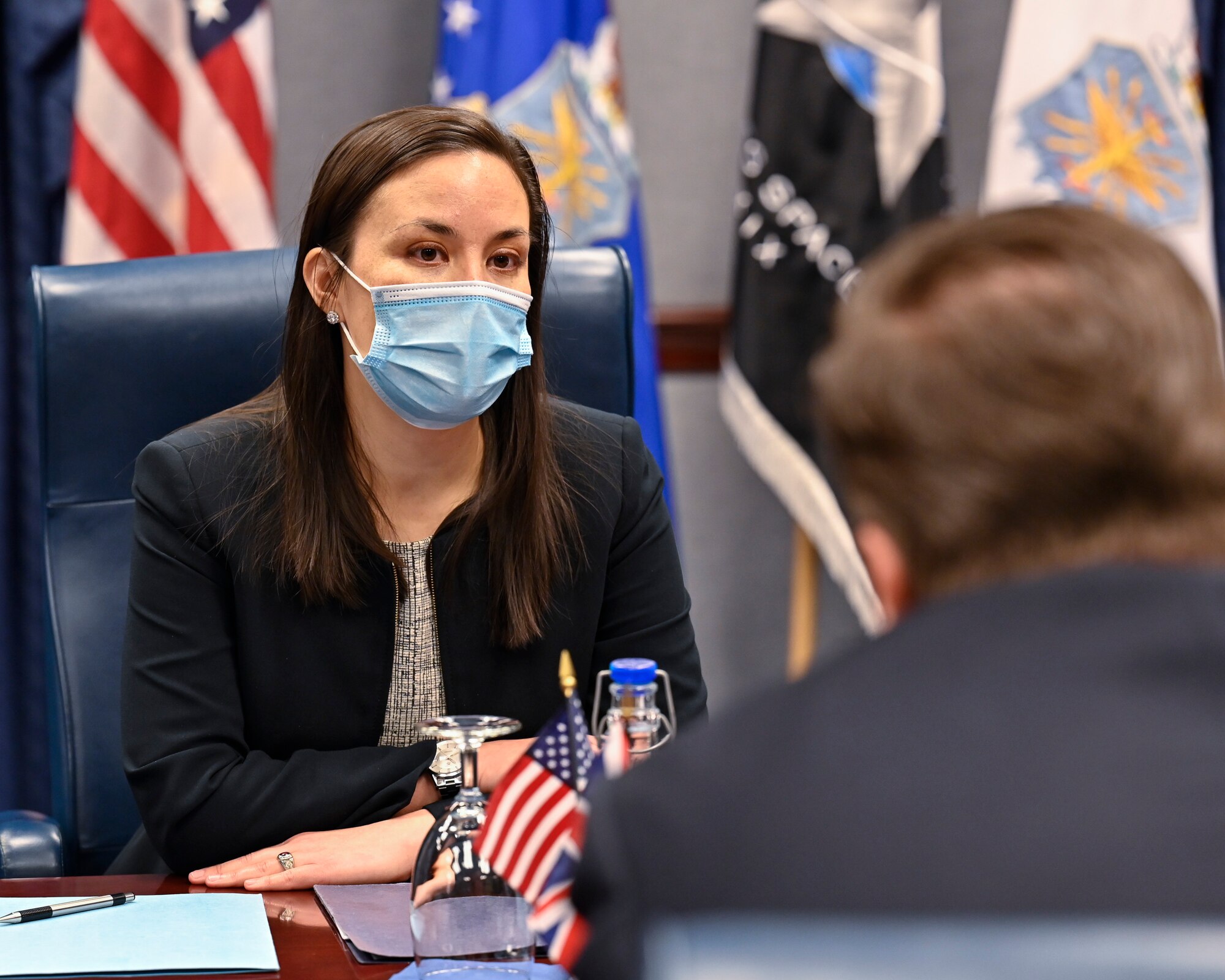 Under Secretary of the Air Force Gina Ortiz Jones speaks with Minister James Heappey.