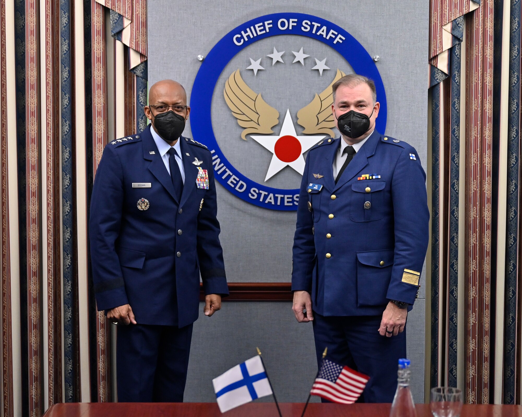 Air Force Chief of Staff Gen. CQ Brown, Jr., left, poses with Maj. Gen. Pasi Jokinen.