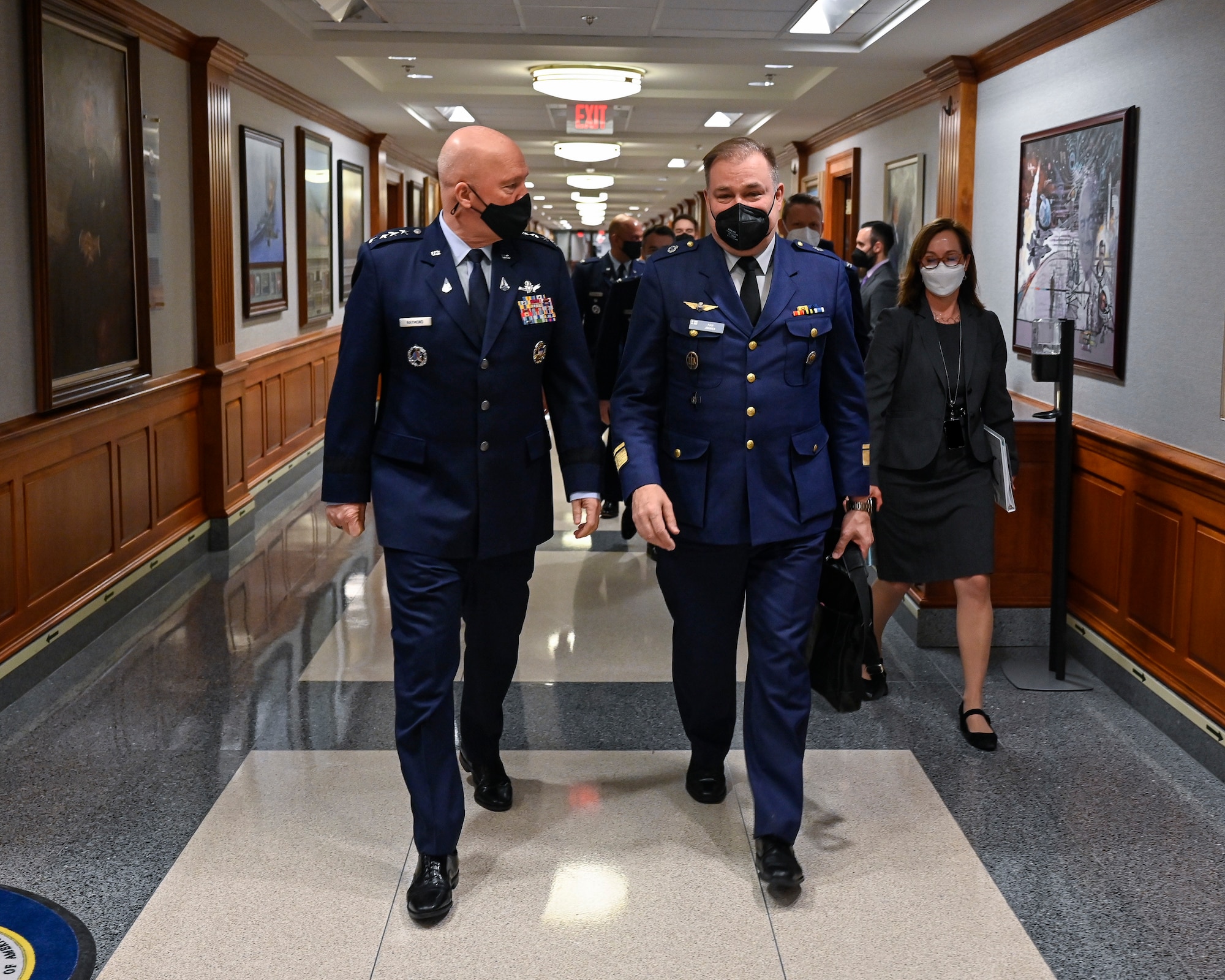 Chief of Space Operations Gen. John W. “Jay” Raymond, left, walks with Maj. Gen. Pasi Jokinen.