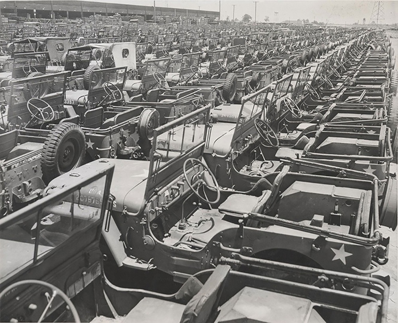 Long rows of Jeeps.